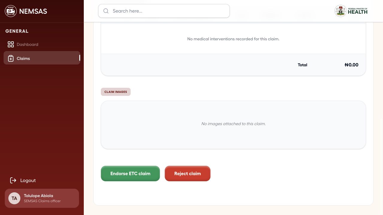 State ETC claim details showing Endorse ETC claim and Reject claim controls