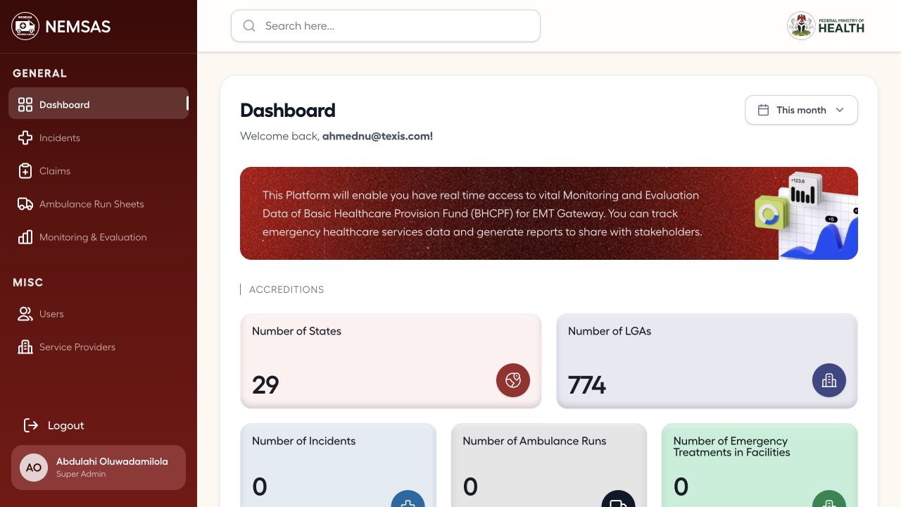 NIEMS Portal dashboard with summary cards, navigation and signed-in role