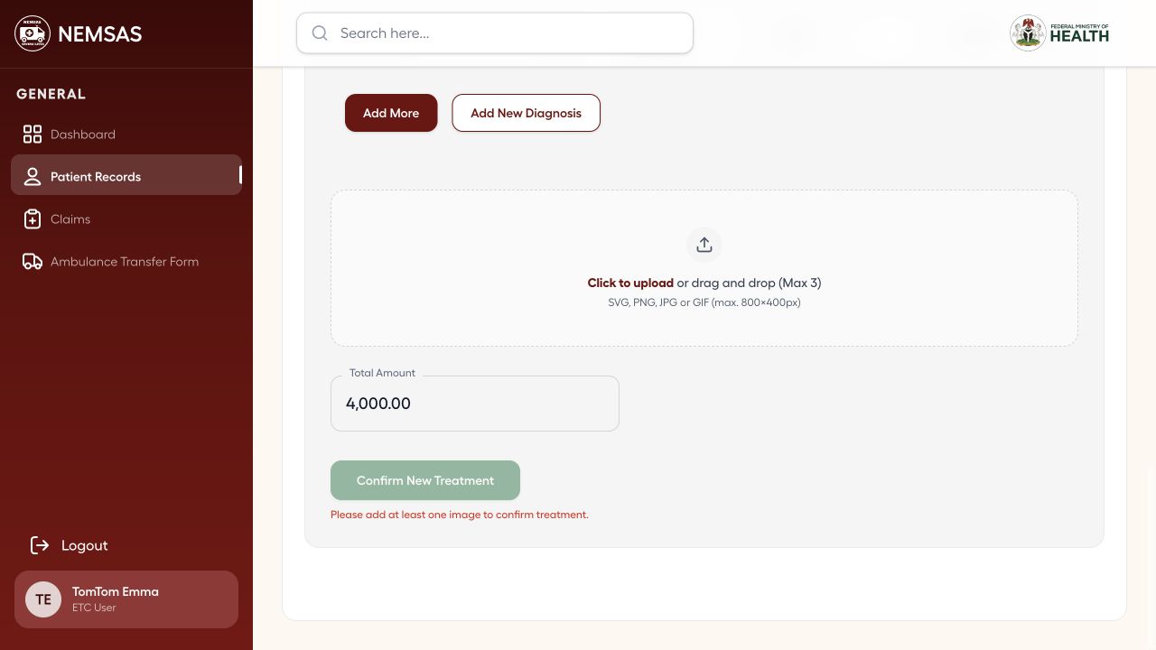 ETC claim form with evidence upload area, calculated total and Confirm New Treatment control