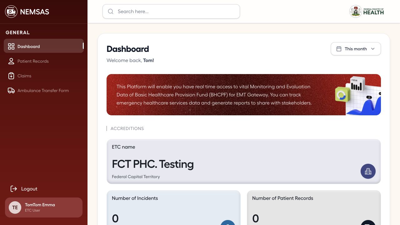 ETC dashboard showing the assigned facility and operational summary indicators
