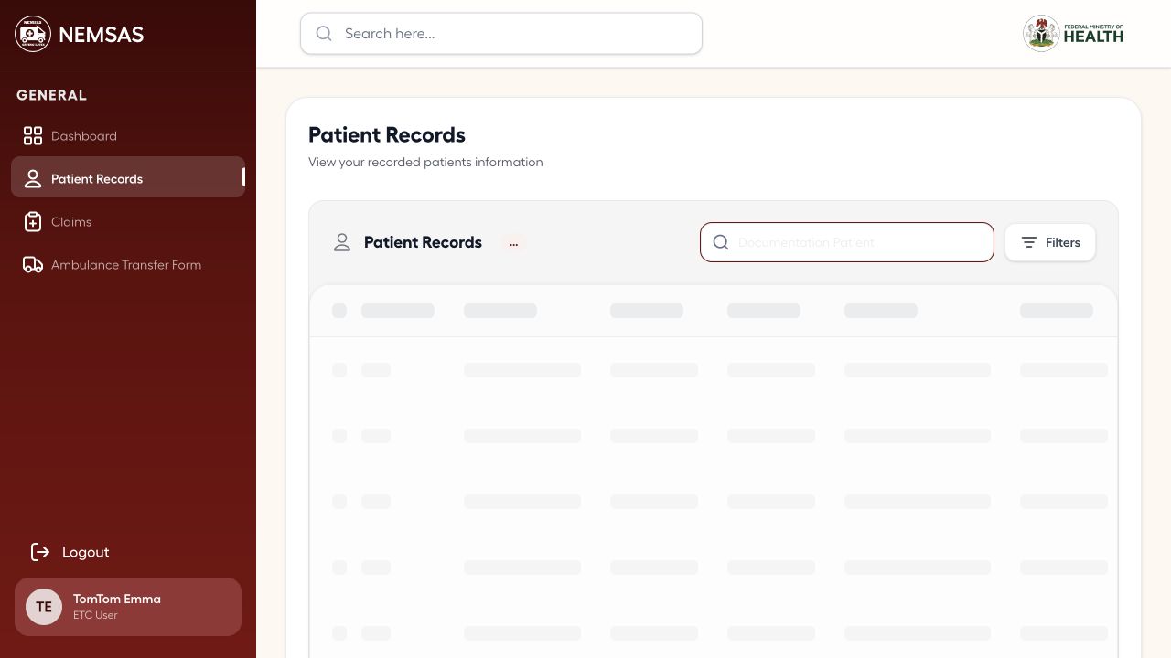 ETC Patient Records page with the search field active and facility-scoped patient table