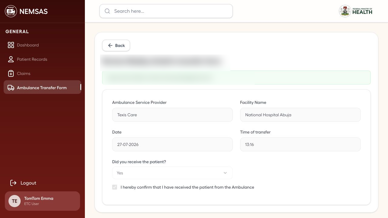 ETC Ambulance Transfer Form register with a completed transfer and patient values redacted