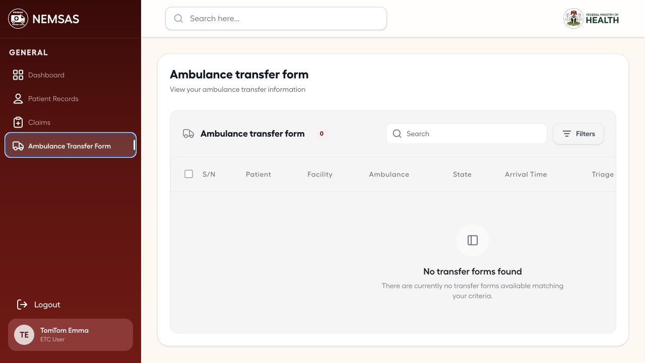 ETC Ambulance Transfer Form page showing no transfer forms found