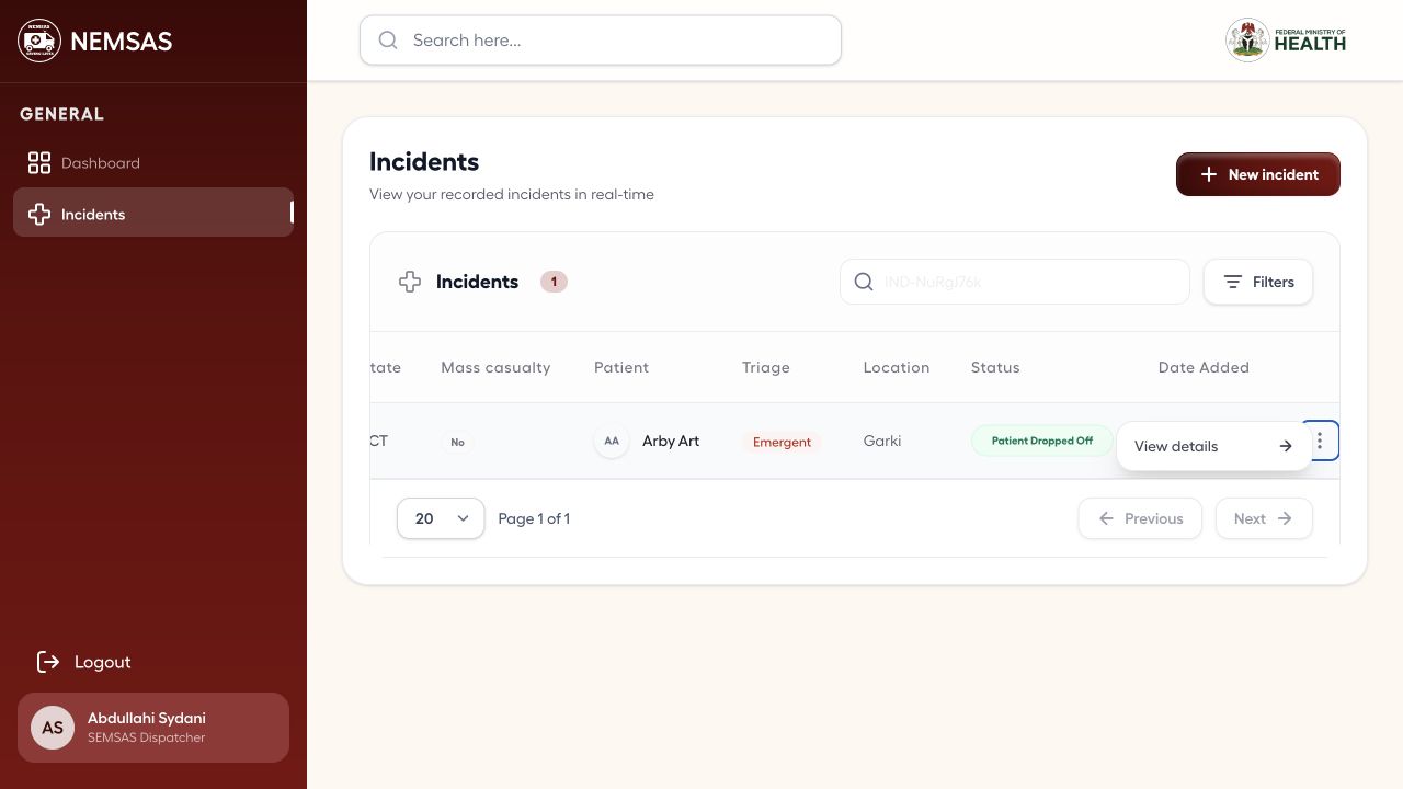 Dispatcher incident row with its action menu open