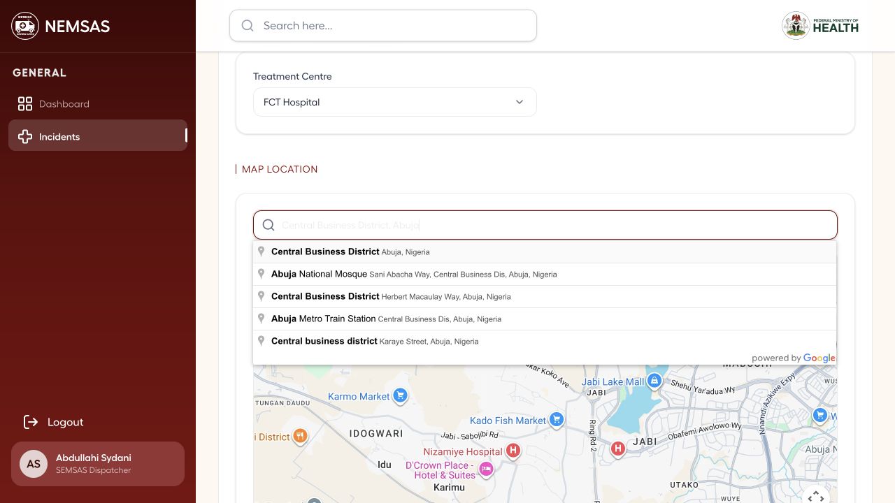 Incident location map with a selected result and visible place options