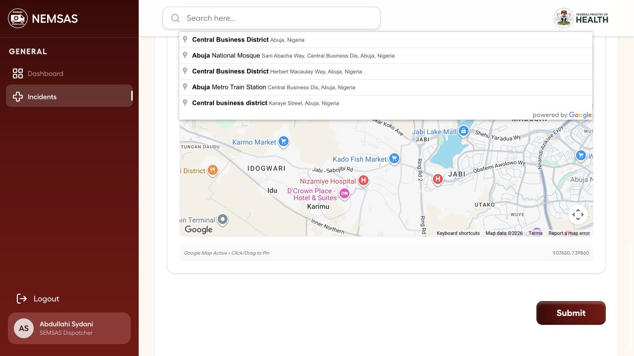 Completed incident form at the final map and Submit section
