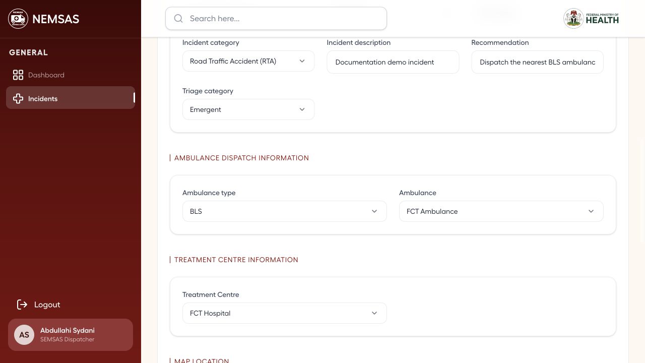 Incident form configured with ambulance type, service provider and receiving treatment centre