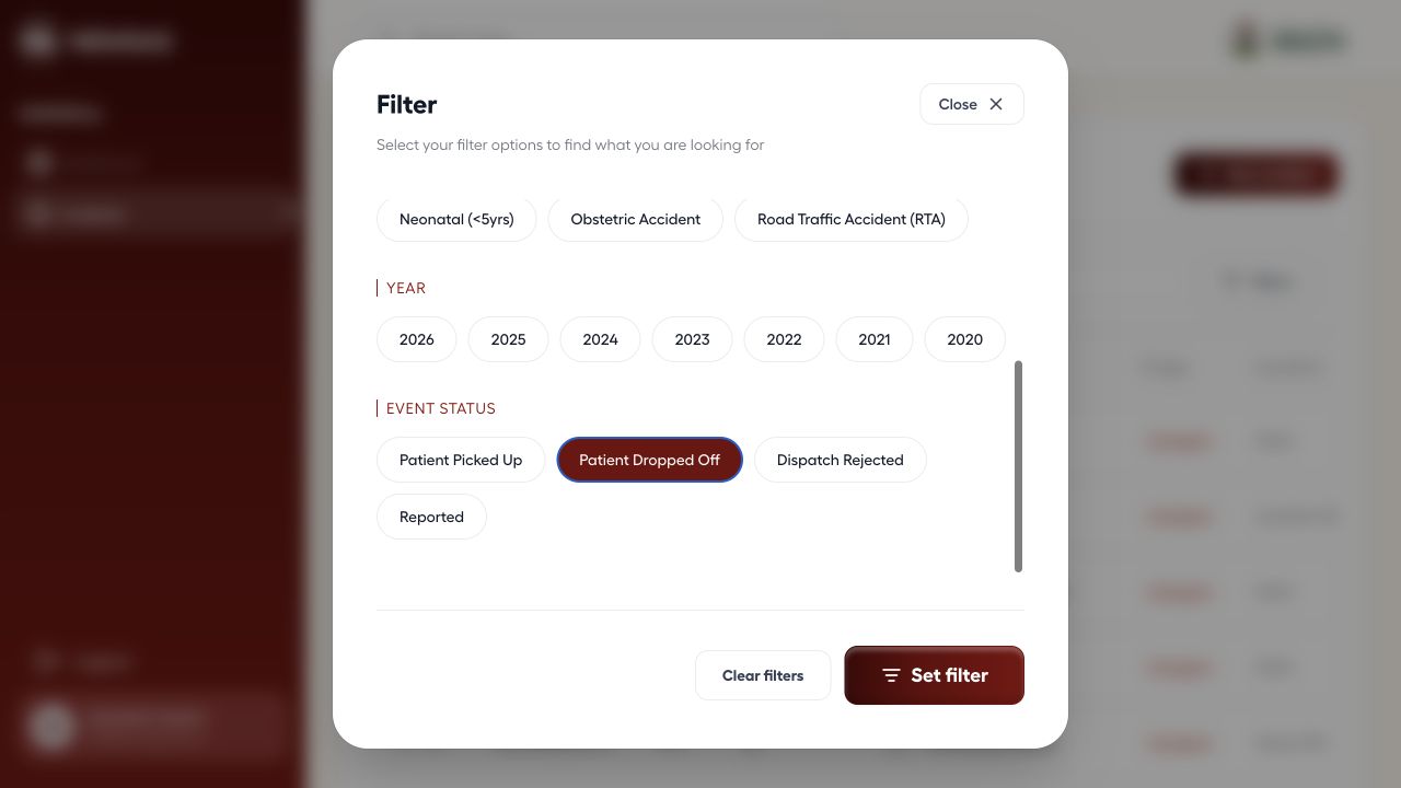 Dispatcher incident filter panel with Patient Dropped Off selected