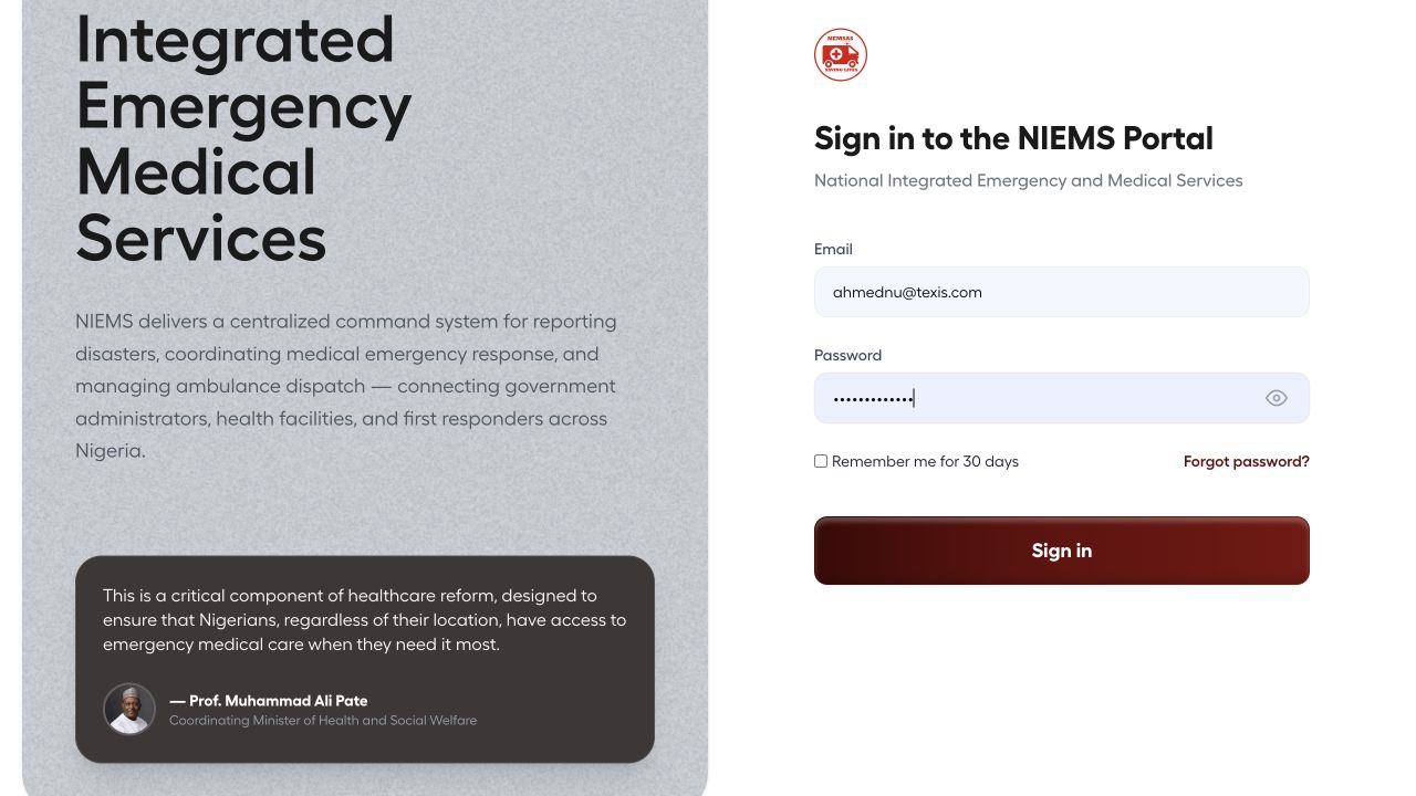 NIEMS Portal sign-in form populated with a demonstration account and masked password