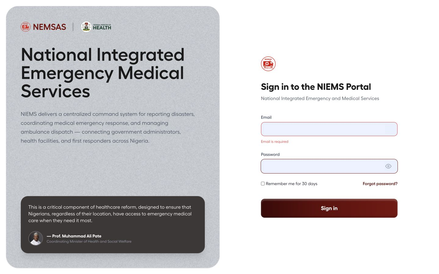 NIEMS Portal sign-in page with email, password and Sign in controls