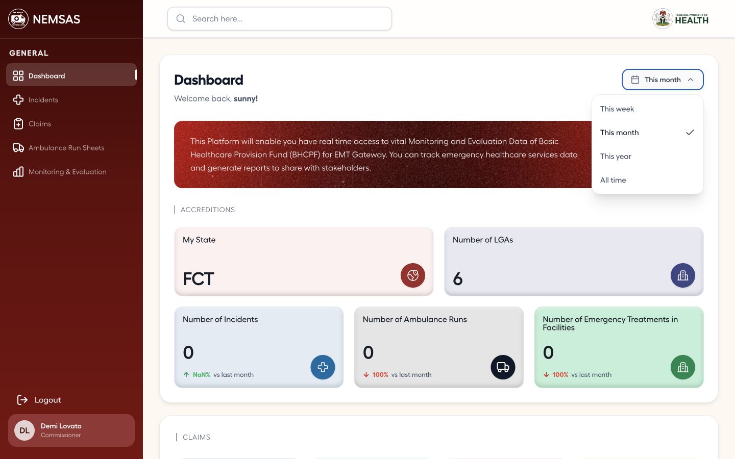 Commissioner state dashboard with the reporting period menu open