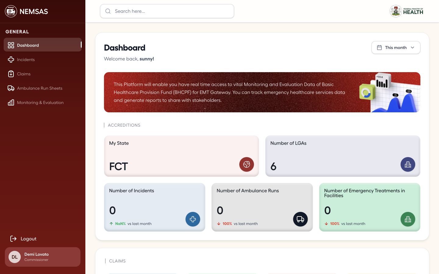 Commissioner state dashboard showing the assigned state and state-level EMT gateway indicators