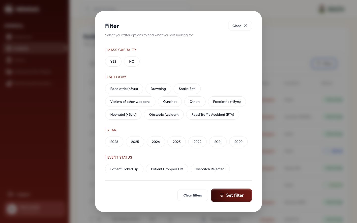 Commissioner incident filter panel with mass-casualty, category, year and event-status options